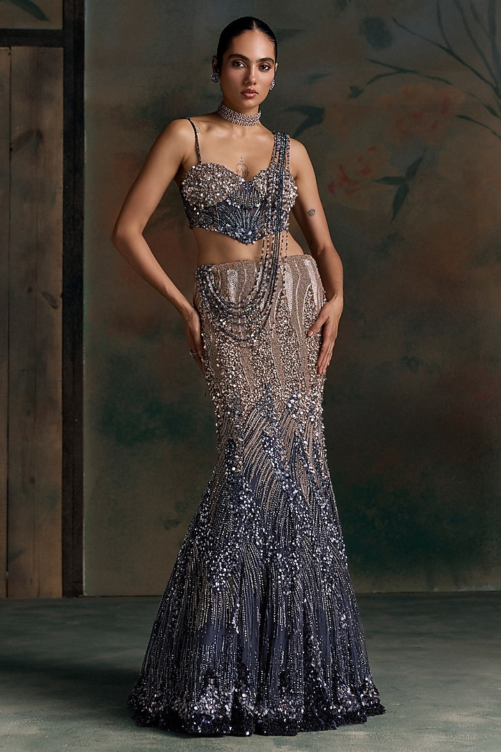 Midnight Blue & Ombre Net Sequin Embellished Fish-Cut Bridal Bridal Lehenga Set by OPUS ATELIER at Pernia's Pop Up Shop