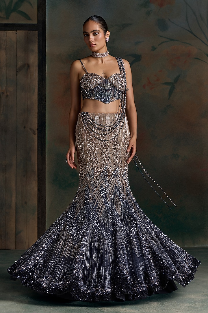Midnight Blue & Ombre Net Sequin Embellished Fish-Cut Bridal Bridal Lehenga Set by OPUS ATELIER at Pernia's Pop Up Shop