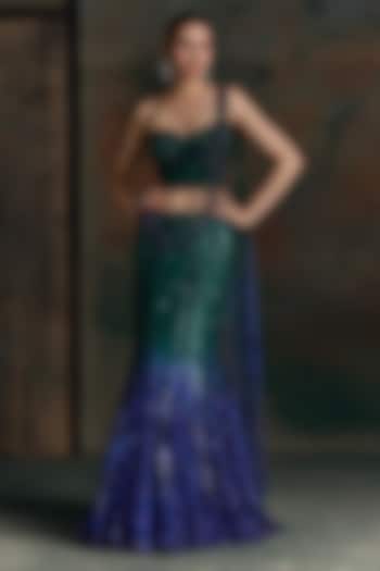 Green & Purple Net Sequin Embellished Fish-Cut Bridal Bridal Lehenga Set by OPUS ATELIER at Pernia's Pop Up Shop