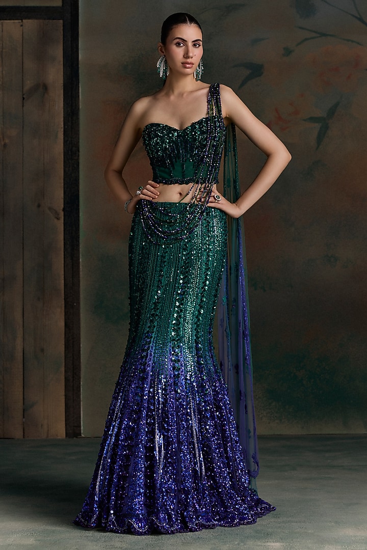 Green & Purple Net Sequin Embellished Fish-Cut Bridal Bridal Lehenga Set by OPUS ATELIER at Pernia's Pop Up Shop