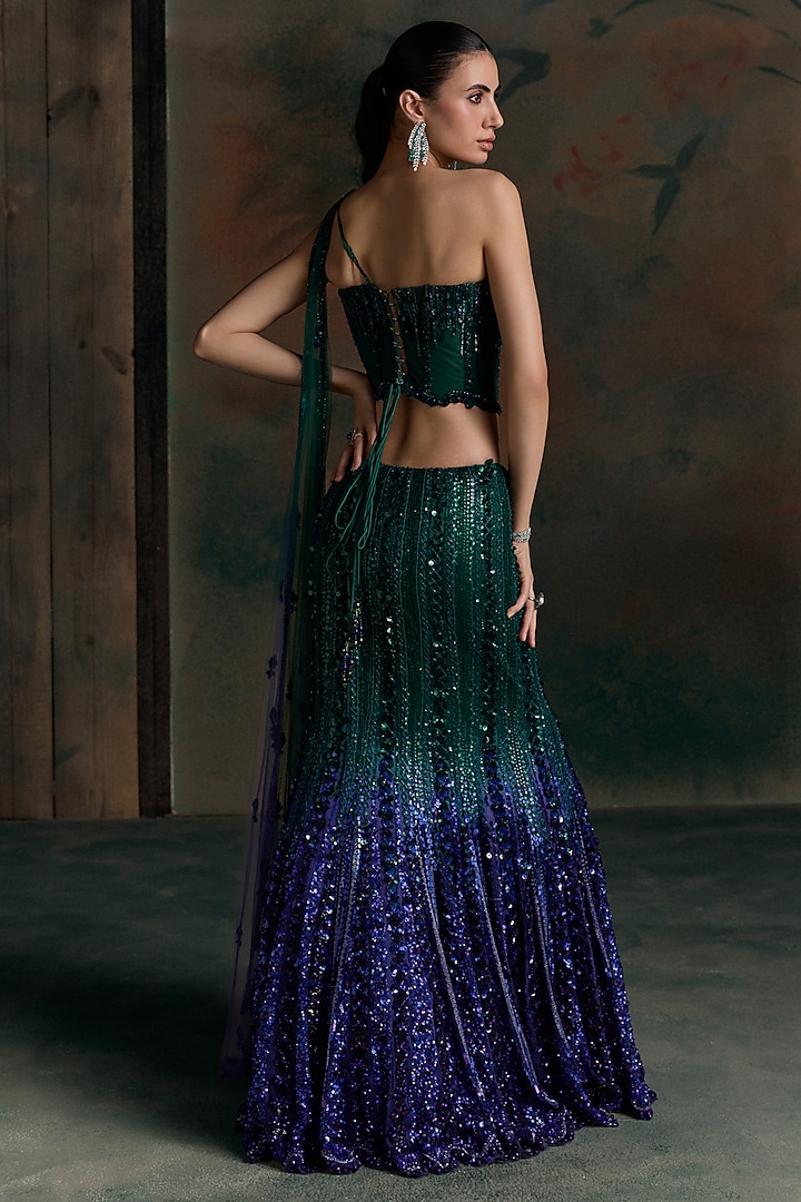 Green & Purple Net Sequin Embellished Fish-Cut Bridal Bridal Lehenga Set by OPUS ATELIER at Pernia's Pop Up Shop