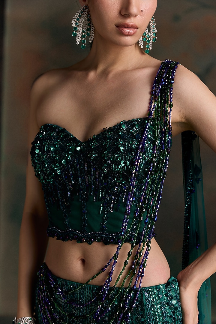 Green & Purple Net Sequin Embellished Fish-Cut Bridal Bridal Lehenga Set by OPUS ATELIER at Pernia's Pop Up Shop