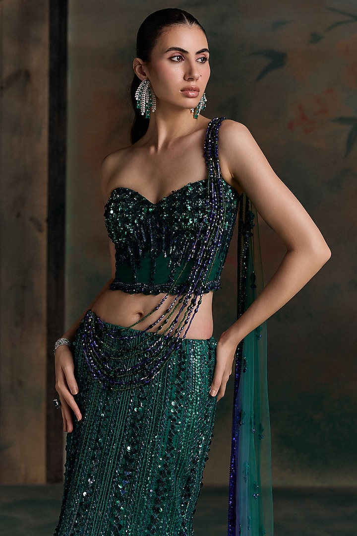 Green & Purple Net Sequin Embellished Fish-Cut Bridal Bridal Lehenga Set by OPUS ATELIER at Pernia's Pop Up Shop