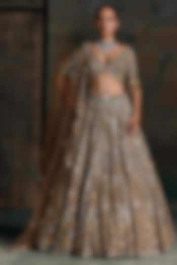 Gold Net Applique Embellished Bridal Bridal Lehenga Set by OPUS ATELIER at Pernia's Pop Up Shop