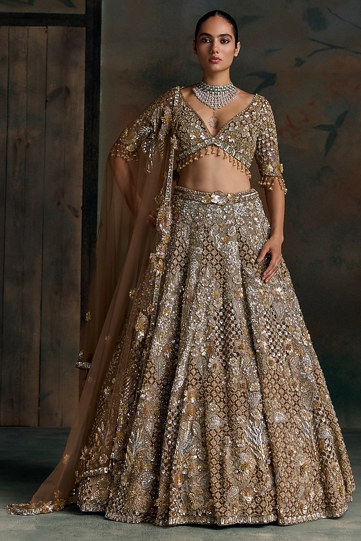 Gold Net Applique Embellished Bridal Bridal Lehenga Set by OPUS ATELIER at Pernia's Pop Up Shop