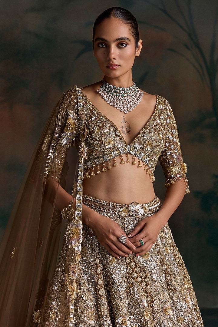 Gold Net Applique Embellished Bridal Bridal Lehenga Set by OPUS ATELIER at Pernia's Pop Up Shop