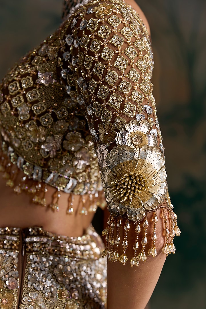 Gold Net Applique Embellished Bridal Bridal Lehenga Set by OPUS ATELIER at Pernia's Pop Up Shop