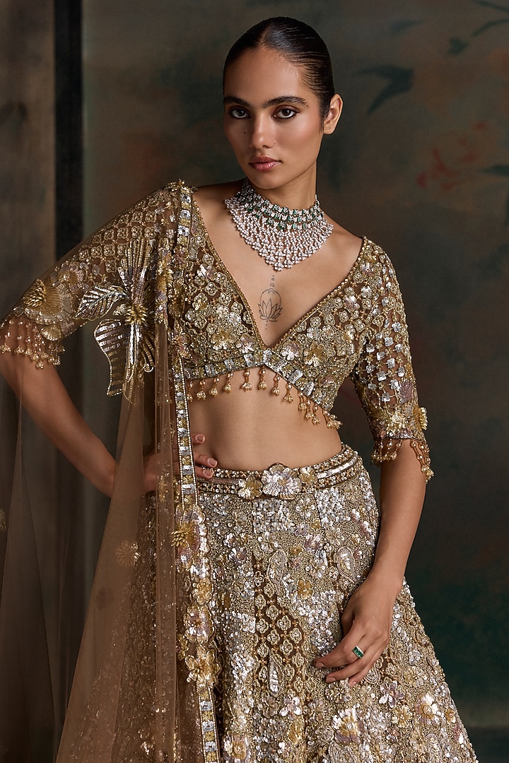 Gold Net Applique Embellished Bridal Bridal Lehenga Set by OPUS ATELIER at Pernia's Pop Up Shop