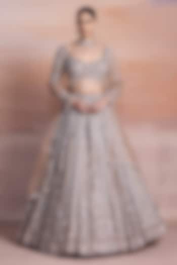 Silver Ombre Net Pearl Embellished Bridal Bridal Lehenga Set by OPUS ATELIER at Pernia's Pop Up Shop