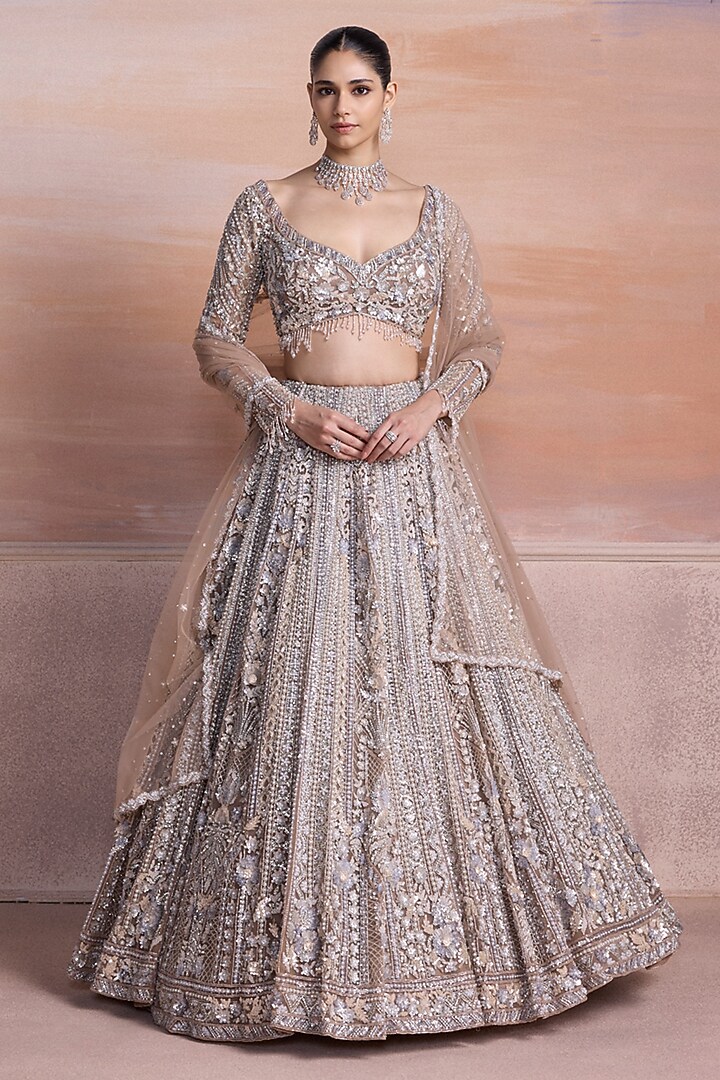 Silver Ombre Net Pearl Embellished Bridal Bridal Lehenga Set by OPUS ATELIER at Pernia's Pop Up Shop