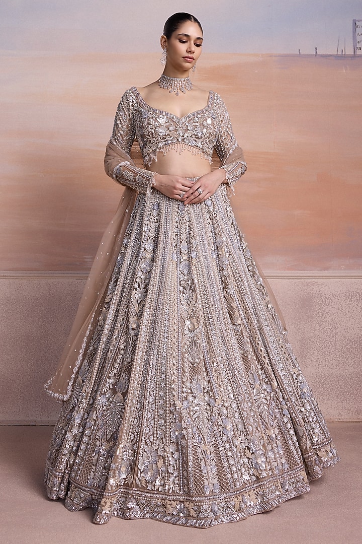 Silver Ombre Net Pearl Embellished Bridal Bridal Lehenga Set by OPUS ATELIER at Pernia's Pop Up Shop