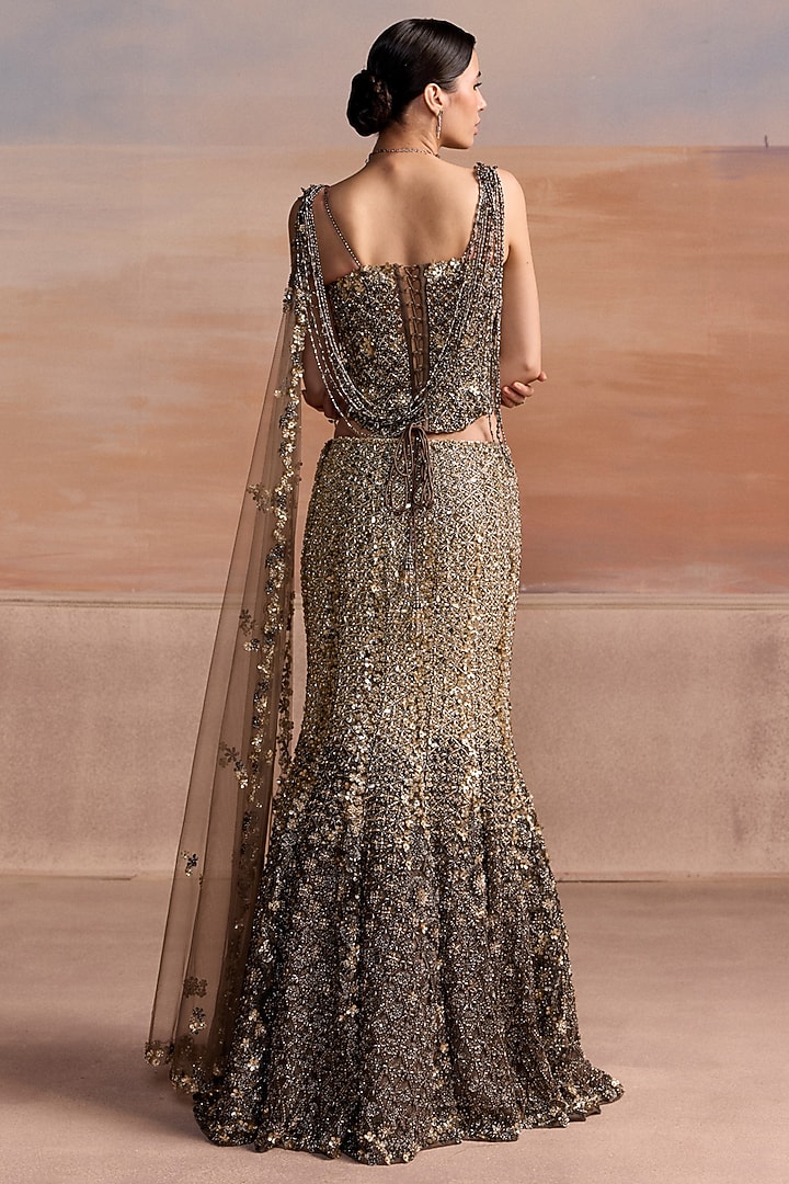 Grey & Gold Ombre Net Bead Embellished Fish-Cut Bridal Lehenga Set by OPUS ATELIER at Pernia's Pop Up Shop