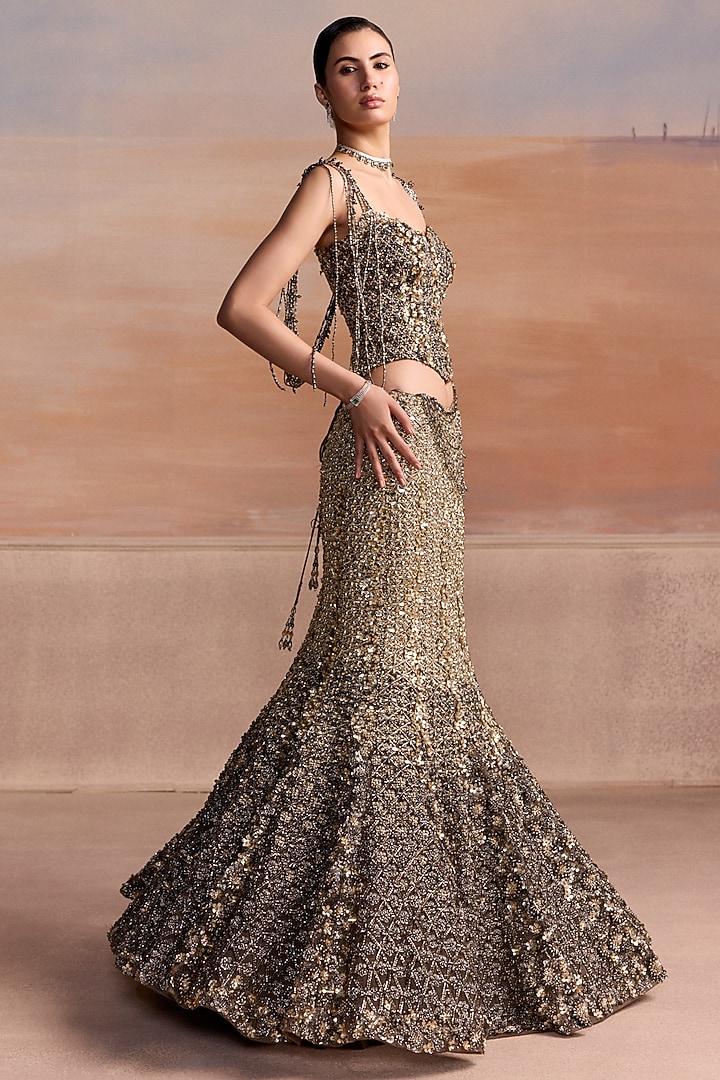 Grey & Gold Ombre Net Bead Embellished Fish-Cut Bridal Lehenga Set by OPUS ATELIER at Pernia's Pop Up Shop