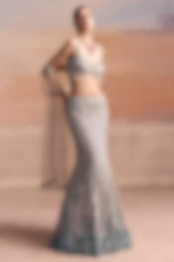 Silver Net Sequin Embellished Fish-Cut Bridal Bridal Lehenga Set by OPUS ATELIER at Pernia's Pop Up Shop