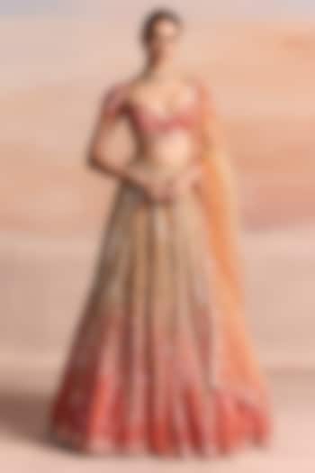 Gold & Orange Ombre Net Embroidered Bridal Bridal Lehenga Set by OPUS ATELIER at Pernia's Pop Up Shop