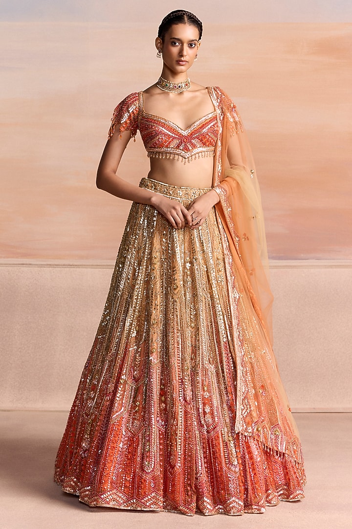 Gold & Orange Ombre Net Embroidered Bridal Bridal Lehenga Set by OPUS ATELIER at Pernia's Pop Up Shop