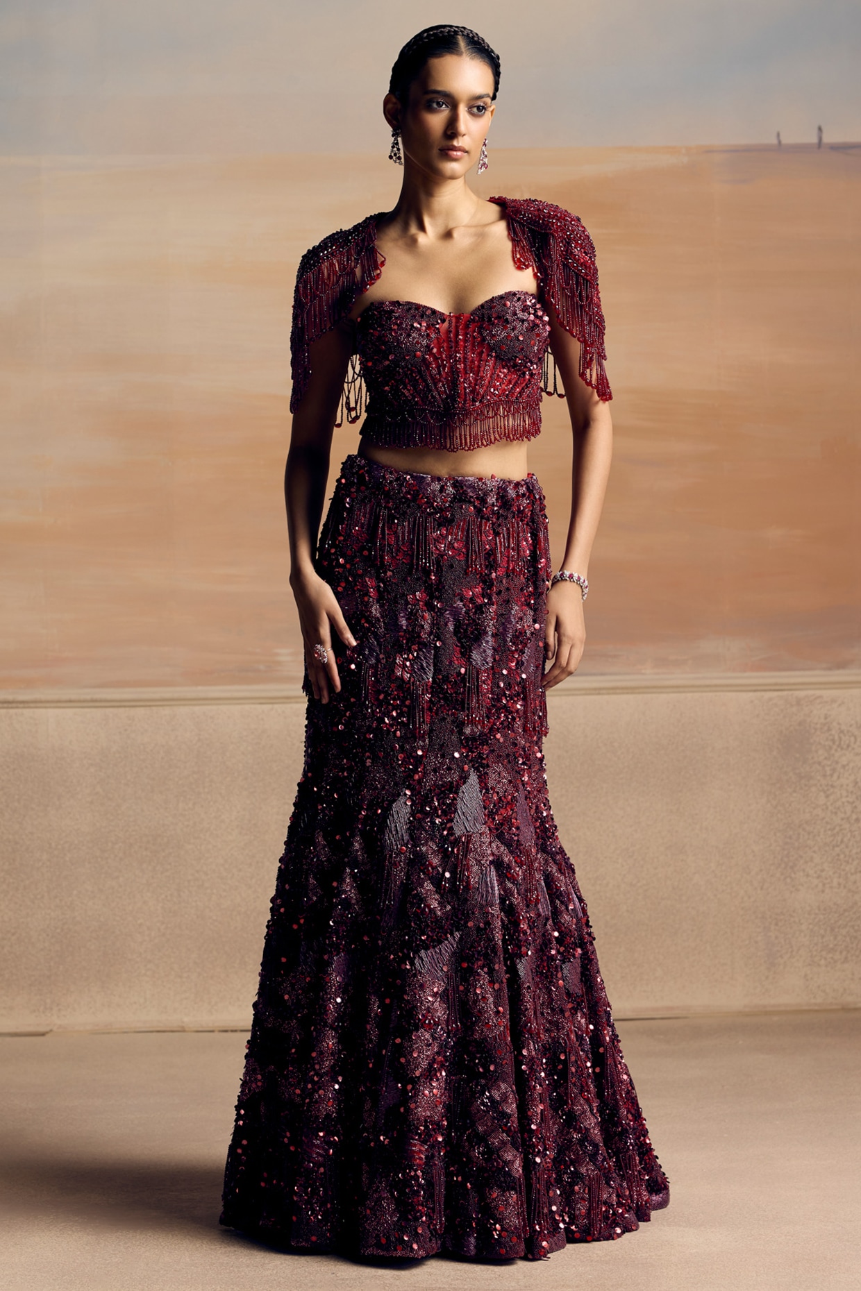 OPUS ATELIER Deep Red Net Sequin Embellished Bridal Lehenga Set
