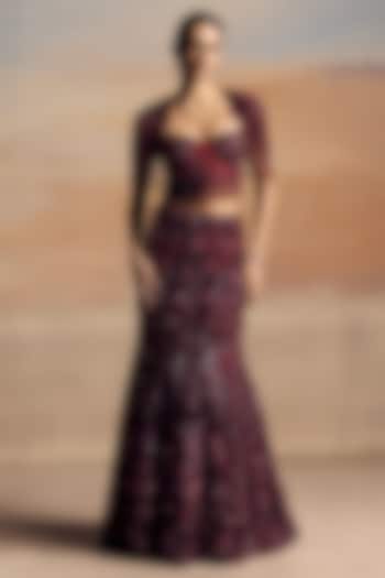 Deep Red Net Sequin Embellished Bridal Bridal Lehenga Set by OPUS ATELIER at Pernia's Pop Up Shop