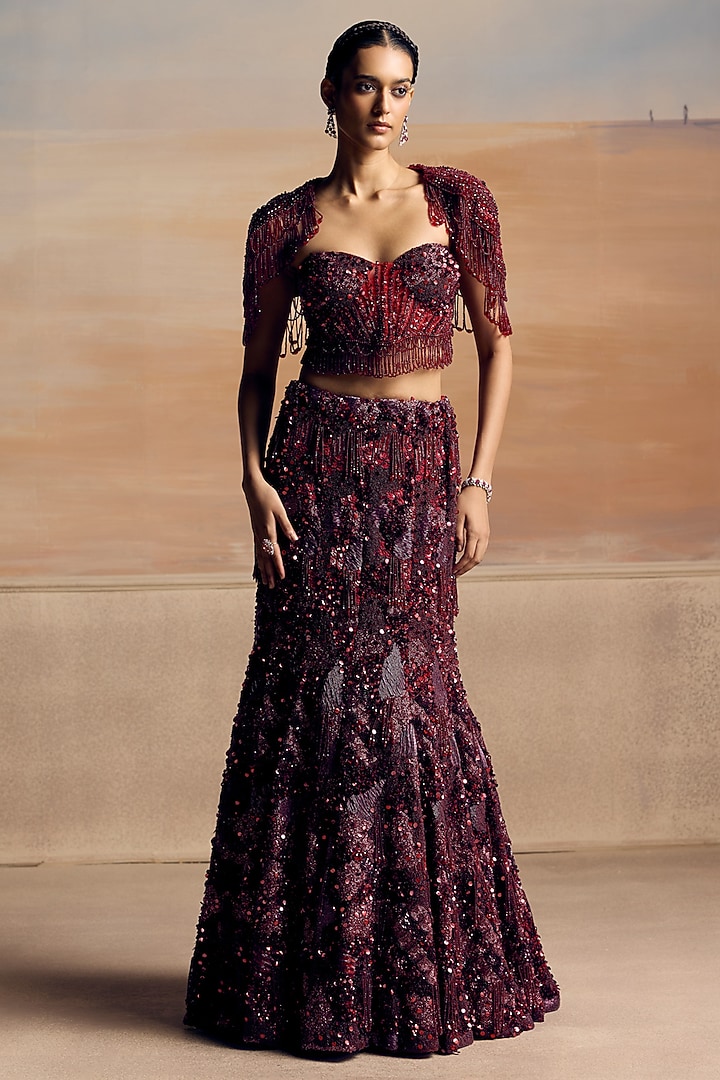 Deep Red Net Sequin Embellished Bridal Bridal Lehenga Set by OPUS ATELIER at Pernia's Pop Up Shop