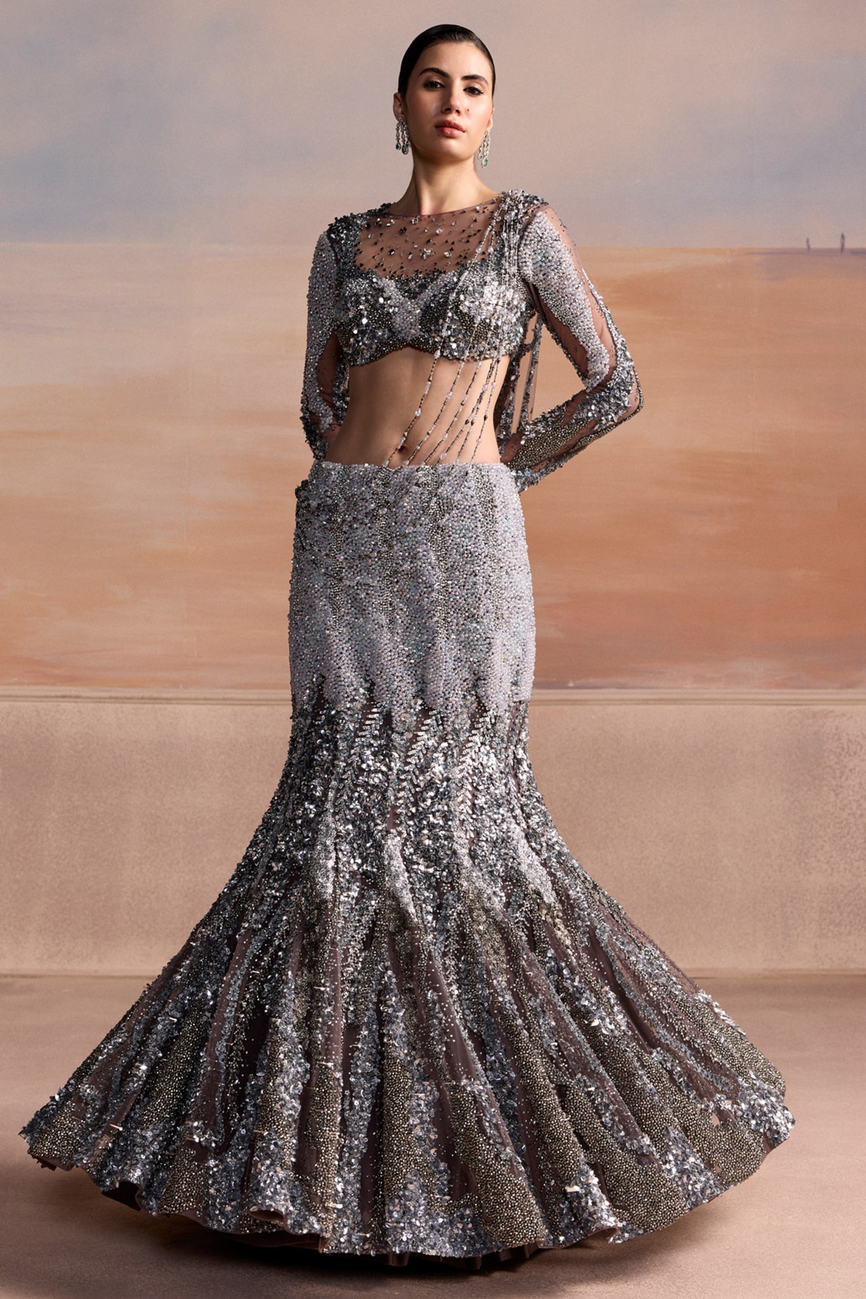 OPUS ATELIER Charcoal Grey & Silver Ombre Net Embellished Lehenga Set