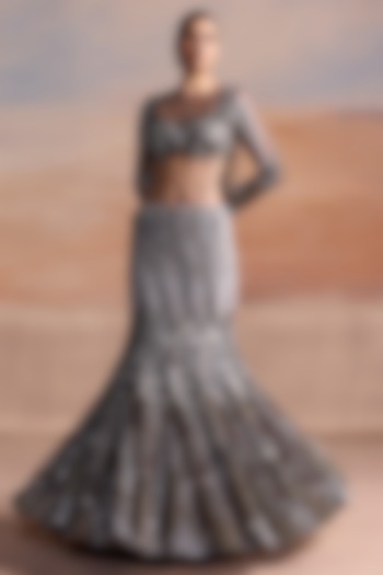 Charcoal Grey & Silver Ombre Net Embellished Bridal Lehenga Set by OPUS ATELIER at Pernia's Pop Up Shop