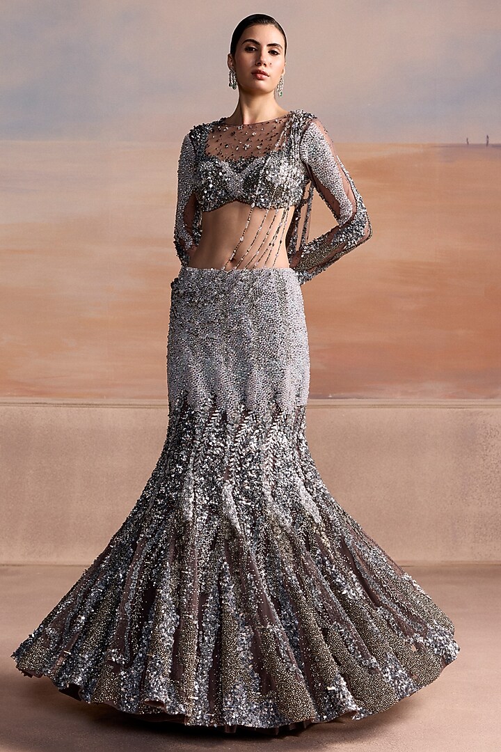 Charcoal Grey & Silver Ombre Net Embellished Bridal Lehenga Set by OPUS ATELIER at Pernia's Pop Up Shop