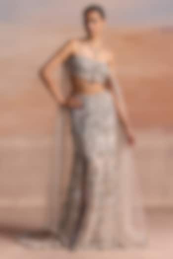 Silver Net 3D Applique Embellished Fish-Cut Bridal Bridal Lehenga Set by OPUS ATELIER at Pernia's Pop Up Shop