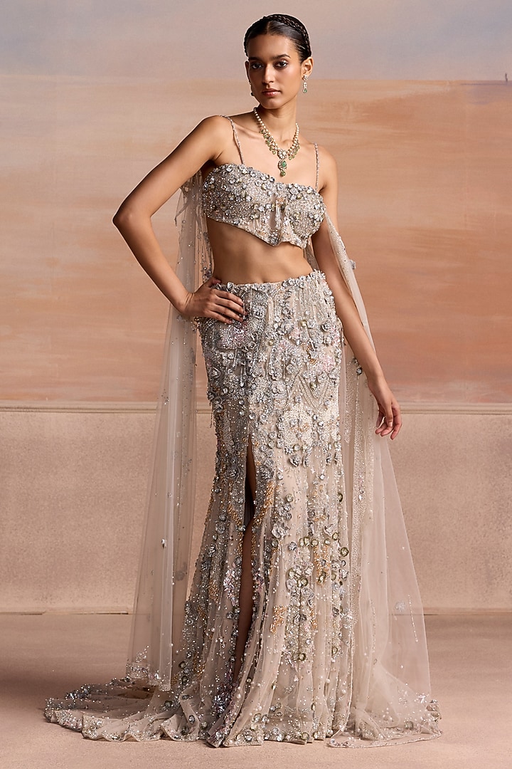 Silver Net 3D Applique Embellished Fish-Cut Bridal Bridal Lehenga Set by OPUS ATELIER at Pernia's Pop Up Shop