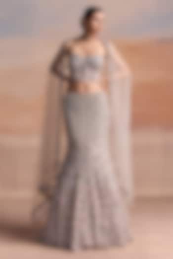 Silver & Pink Net 3D Sequin Embellished Fish-Cut Bridal Bridal Lehenga Set by OPUS ATELIER at Pernia's Pop Up Shop