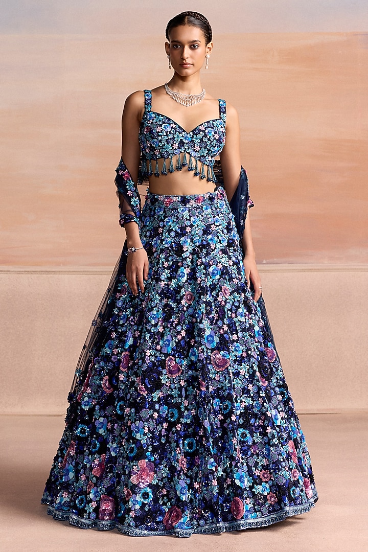 Blue Net Sequin Embroidered Bridal Bridal Lehenga Set by OPUS ATELIER at Pernia's Pop Up Shop
