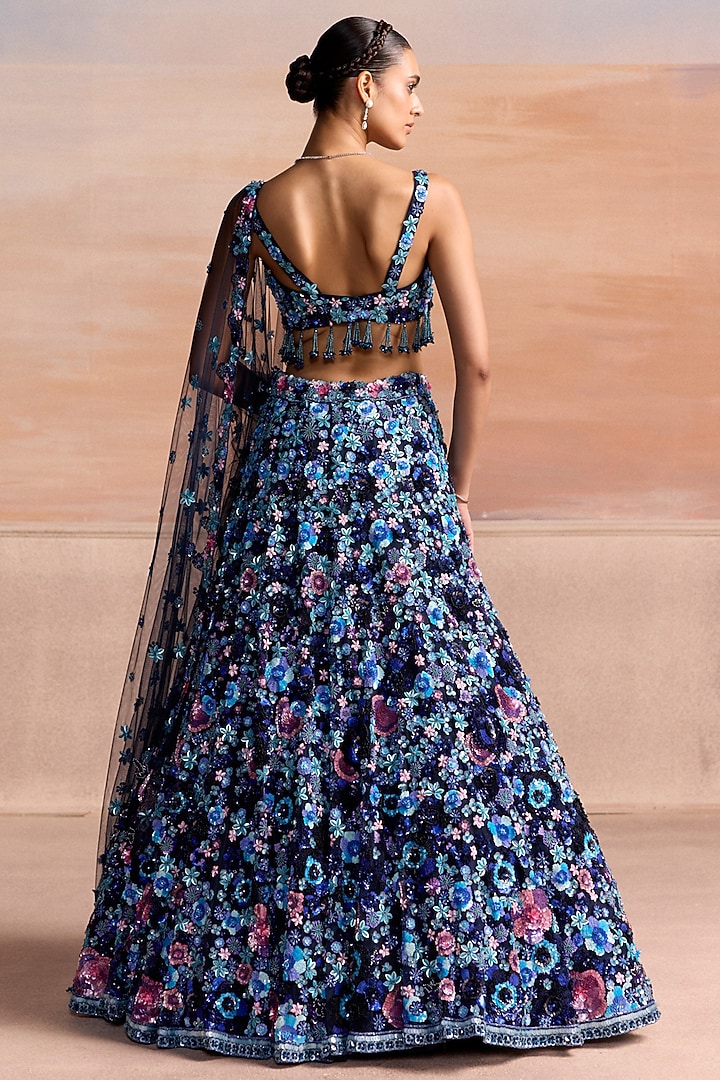 Blue Net Sequin Embroidered Bridal Bridal Lehenga Set by OPUS ATELIER at Pernia's Pop Up Shop