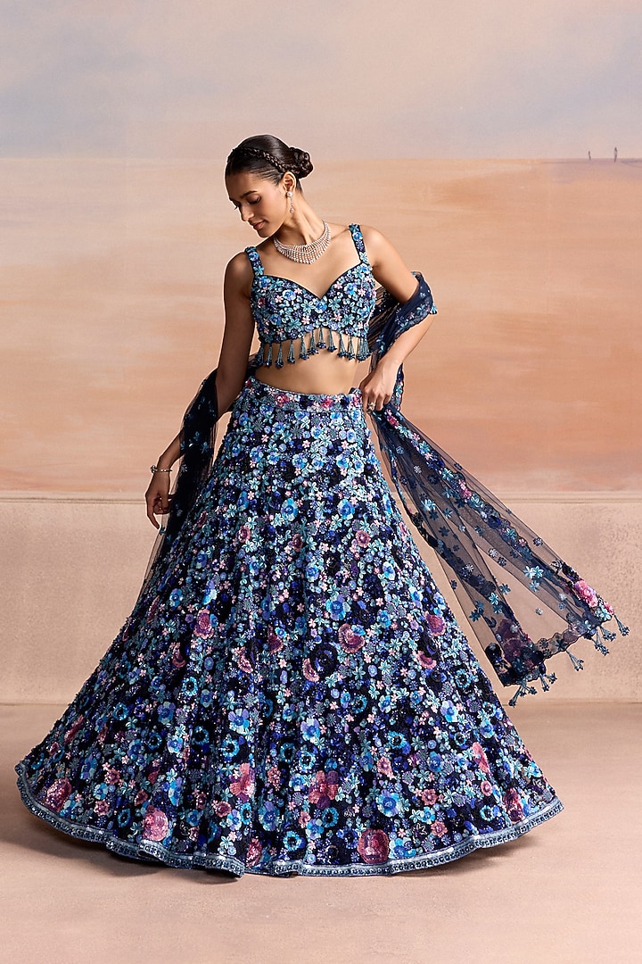 Blue Net Sequin Embroidered Bridal Bridal Lehenga Set by OPUS ATELIER at Pernia's Pop Up Shop