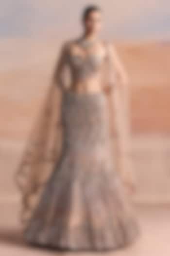 Peach & Silver Net Embellished Fish-Cut Bridal Lehenga Set by OPUS ATELIER at Pernia's Pop Up Shop
