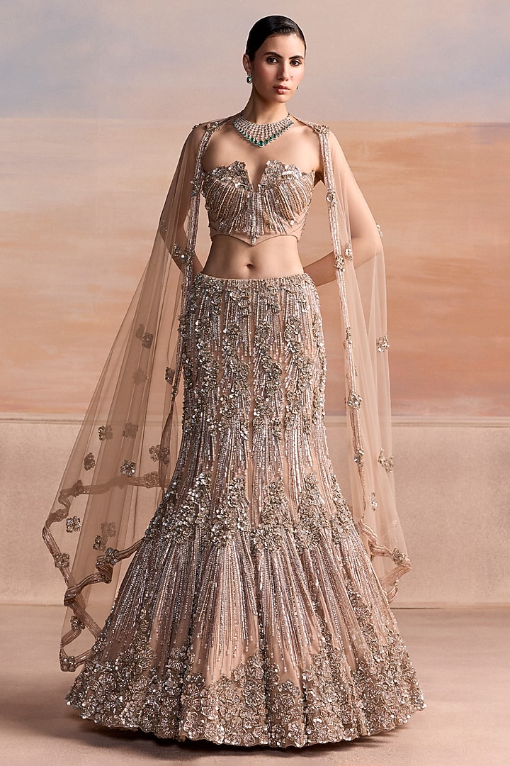 Peach & Silver Net Embellished Fish-Cut Bridal Lehenga Set by OPUS ATELIER at Pernia's Pop Up Shop