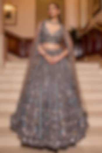 Charcoal Grey Tulle Net & Satin Embellished Bridal Lehenga Set by OPUS ATELIER at Pernia's Pop Up Shop