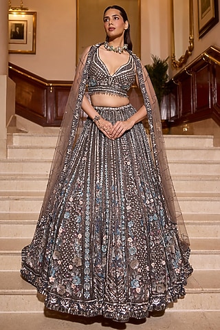 Charcoal Grey Tulle Net & Satin Embellished Lehenga Set by OPUS ATELIER