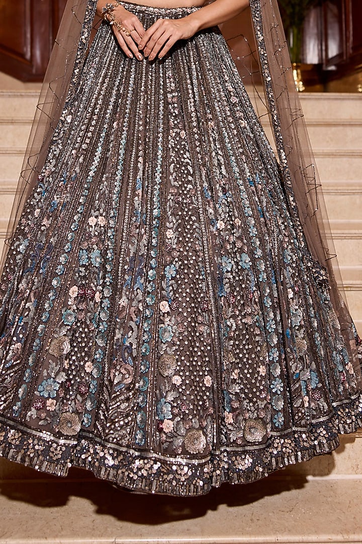 Charcoal Grey Tulle Net & Satin Embellished Bridal Lehenga Set by OPUS ATELIER at Pernia's Pop Up Shop