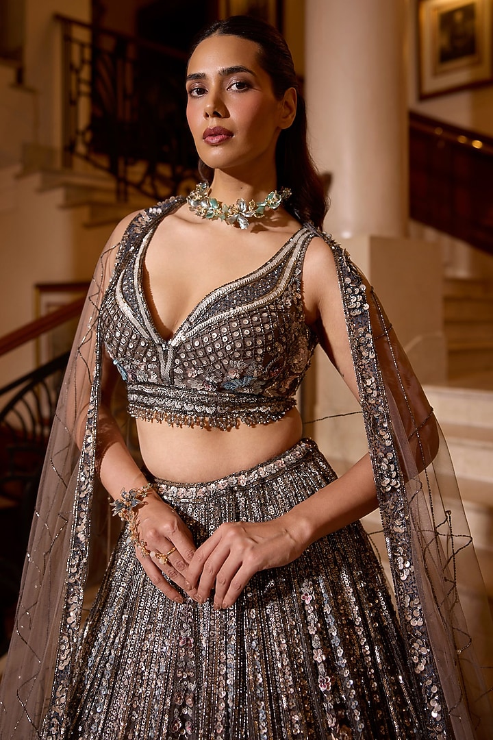Charcoal Grey Tulle Net & Satin Embellished Bridal Lehenga Set by OPUS ATELIER at Pernia's Pop Up Shop
