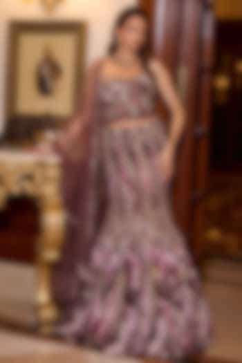 Deep Plum & Silver Tulle Net Hand Embroidered Fish-Cut Bridal Lehenga Set by OPUS ATELIER at Pernia's Pop Up Shop