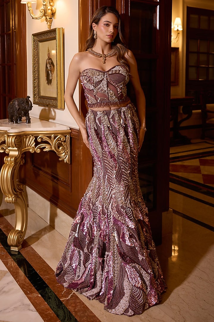 Deep Plum & Silver Tulle Net Hand Embroidered Fish-Cut Bridal Lehenga Set by OPUS ATELIER at Pernia's Pop Up Shop