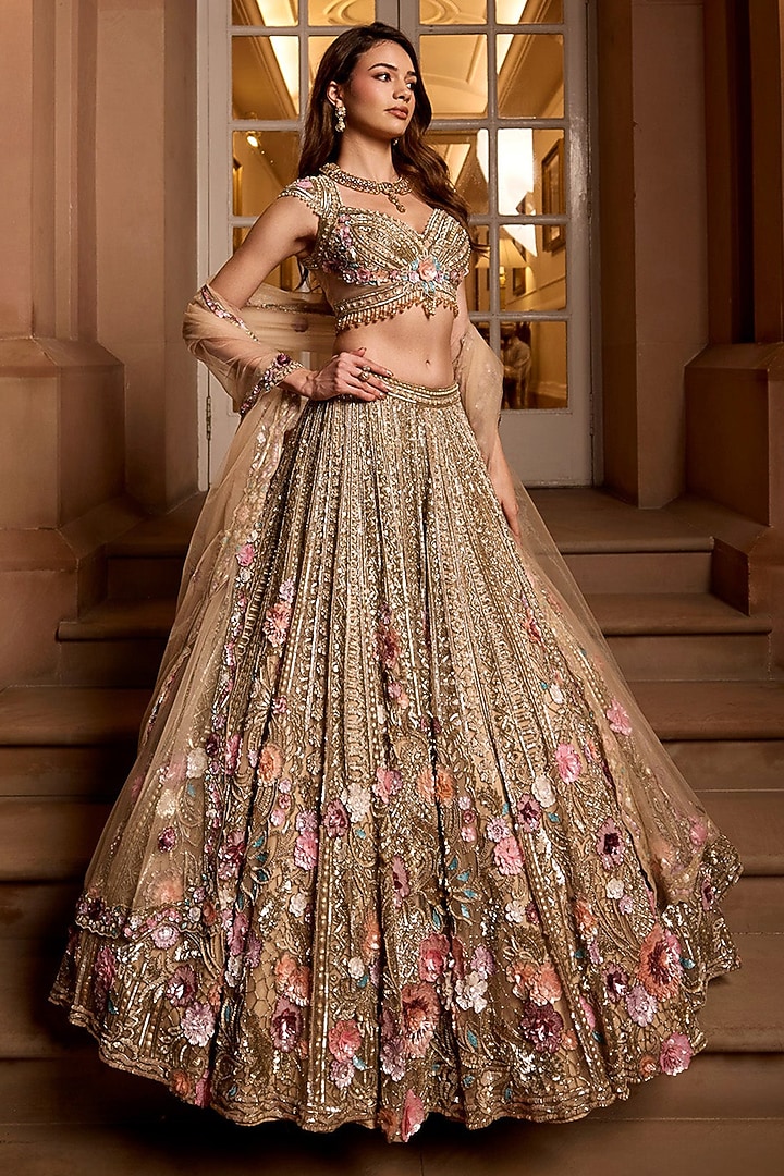Gold Tulle Net & Satin Floral Hand Embroidered Bridal Lehenga Set by OPUS ATELIER at Pernia's Pop Up Shop