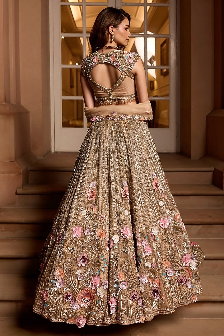 Gold Tulle Net & Satin Floral Hand Embroidered Bridal Lehenga Set by OPUS ATELIER at Pernia's Pop Up Shop