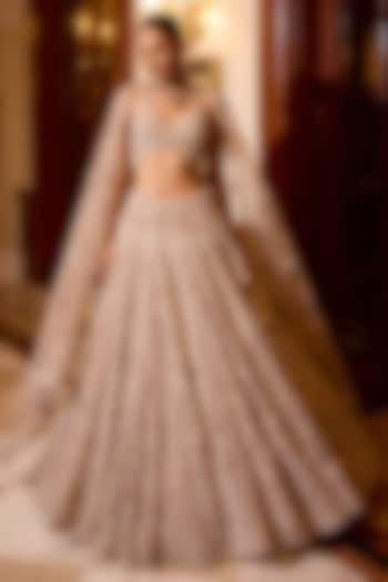 Pinkish Grey Tulle Net & Satin Hand Embroidered Bridal Lehenga Set by OPUS ATELIER at Pernia's Pop Up Shop