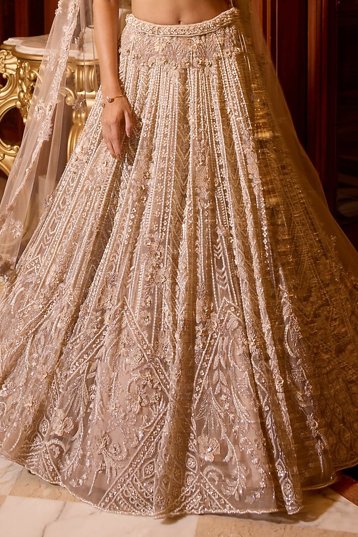Pinkish Grey Tulle Net & Satin Hand Embroidered Bridal Lehenga Set by OPUS ATELIER at Pernia's Pop Up Shop