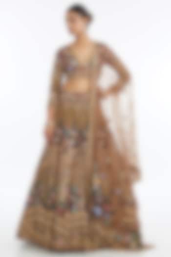 Gold Tulle Net Aari Embroidered Lehenga Set by OPUS ATELIER