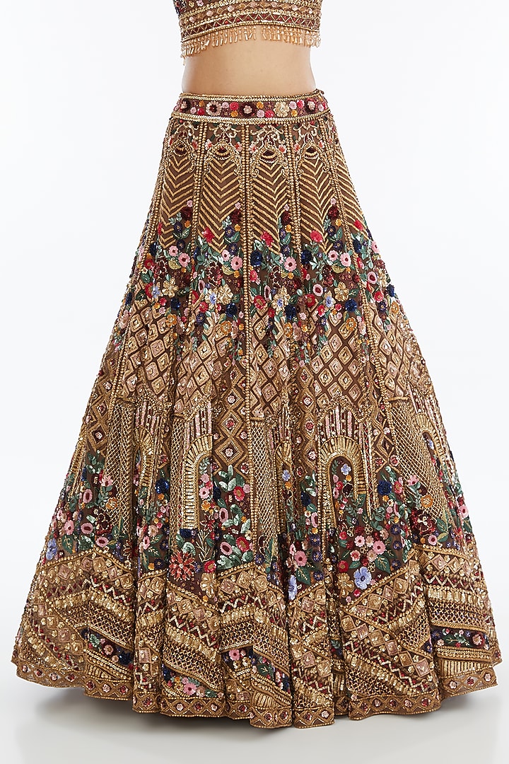 Gold Tulle Net Aari Embroidered Bridal Lehenga Set by OPUS ATELIER at Pernia's Pop Up Shop