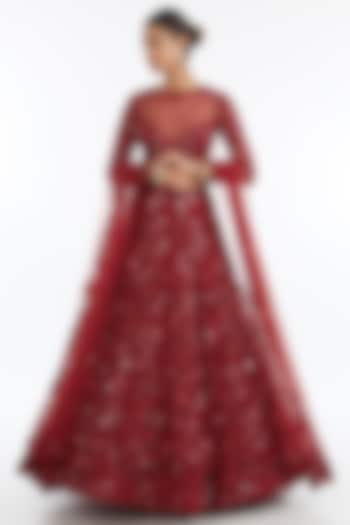 Red Tulle Net Aari & Sequins Embroidered Lehenga Set by OPUS ATELIER
