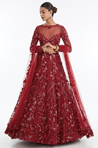Red Tulle Net Aari & Sequins Embroidered Lehenga Set by OPUS ATELIER