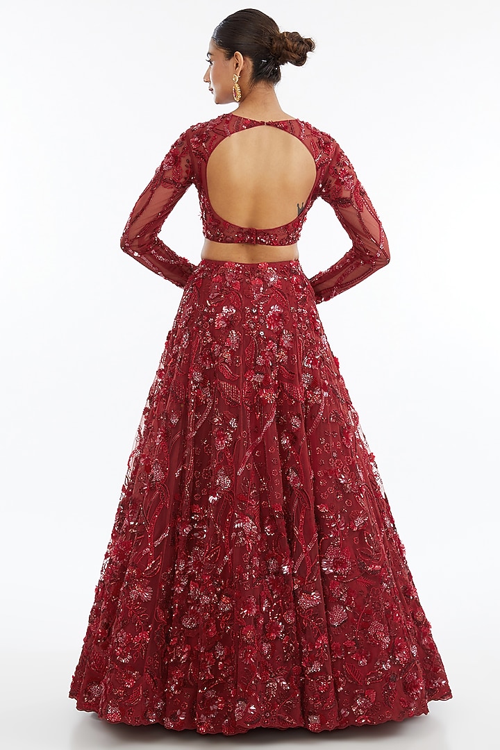 Red Tulle Net Aari & Sequins Embroidered Bridal Lehenga Set by OPUS ATELIER at Pernia's Pop Up Shop