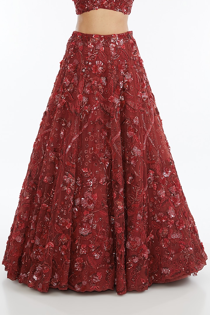 Red Tulle Net Aari & Sequins Embroidered Bridal Lehenga Set by OPUS ATELIER at Pernia's Pop Up Shop